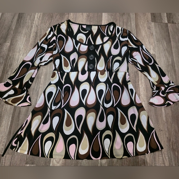 Vintage Y2K MINI DRESS ABSTRACT BELL SLEEVE TUNIC 60s 70s Geometric Brown Pink - Picture 2 of 8